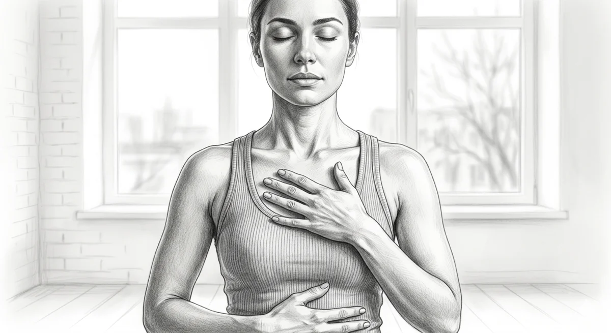 Pencil sketch of a woman in a yoga breathing pose