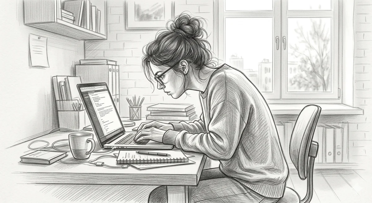 Illustration of a desk worker seated at a laptop