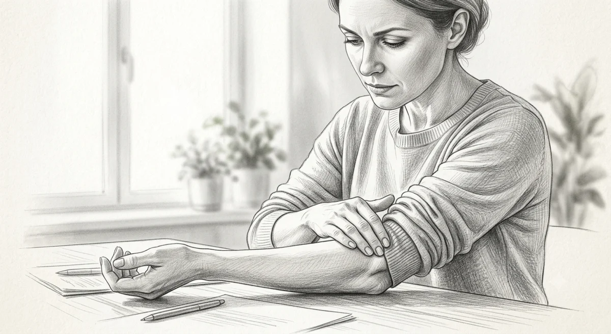 Pencil sketch illustrating the fascial approach to elbow, wrist and hand pain