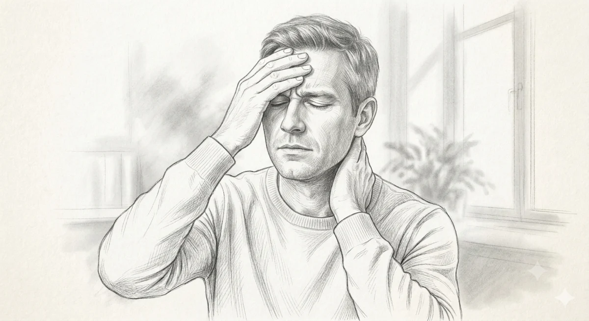 Pencil sketch showing the cervical spine and headache-dizziness connection