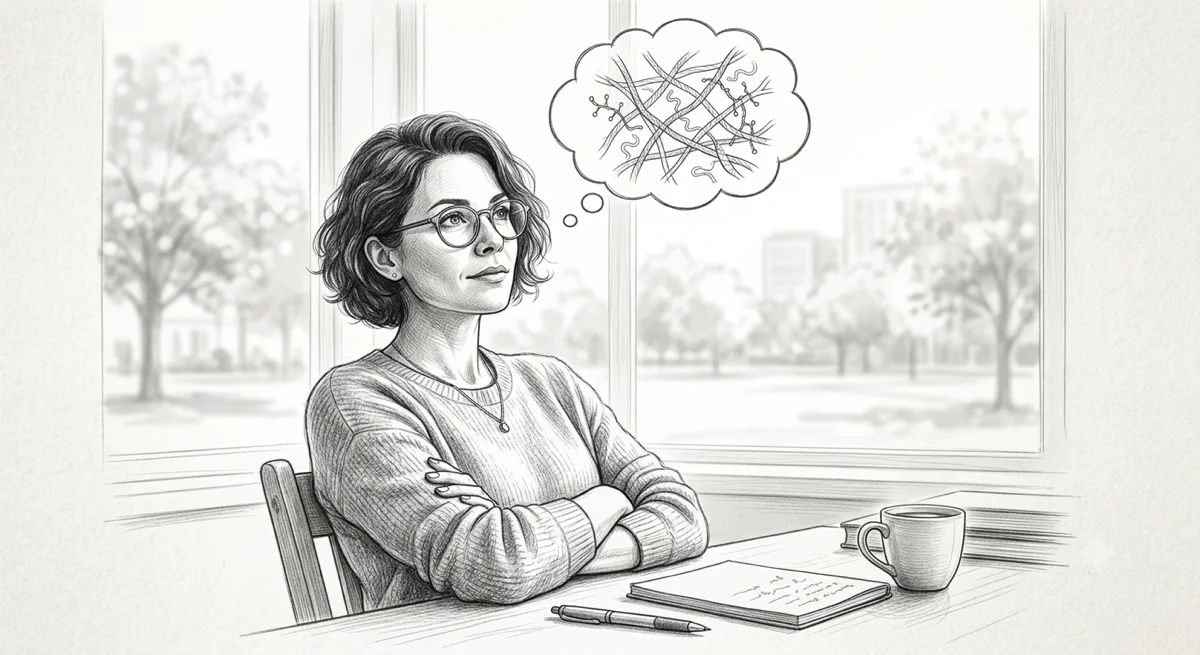 Pencil sketch of a woman contemplating fascia scepticism
