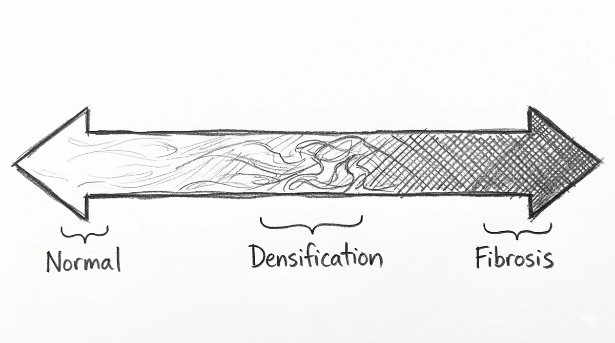 Hand-drawn continuum arrow diagram showing Normal, Densification, and Fibrosis with a double arrowhead indicating reversibility