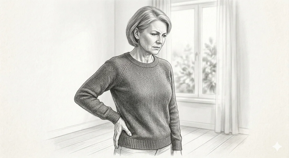 Pencil sketch of a woman with hip pain illustrating the fascial approach
