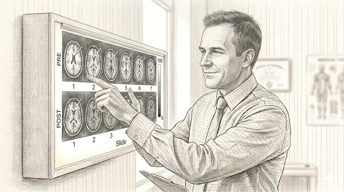 Clinician pointing at PRE and POST MRI scan panels on a lightbox, comparing fascial tissue before and after Fascial Manipulation