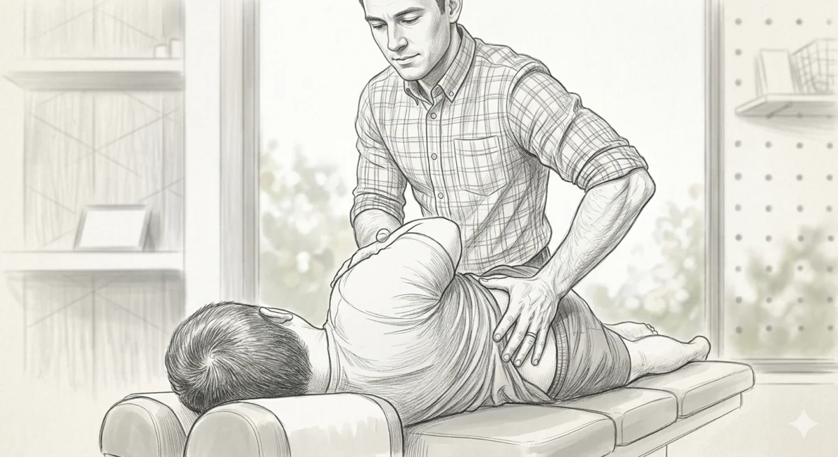 Pencil sketch of a chiropractor performing spinal manipulation