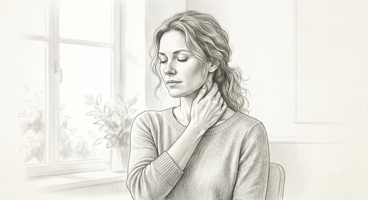 Pencil sketch of a woman touching her neck after manual therapy
