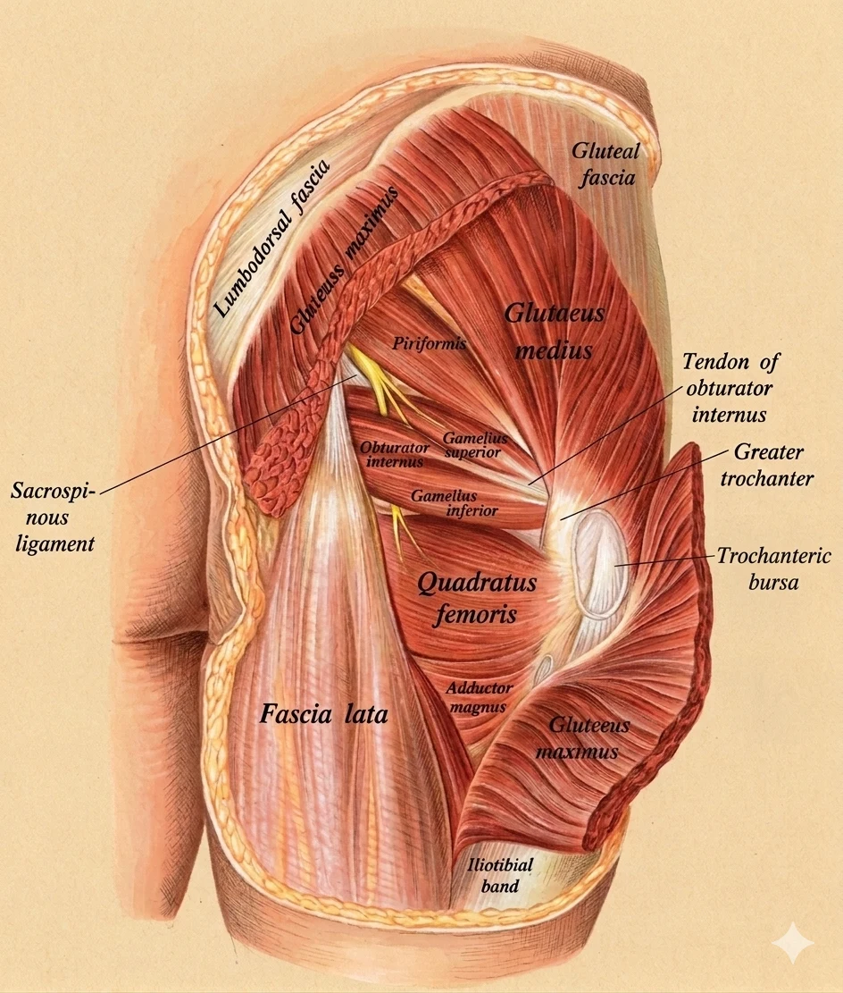 Posterior dissection of the right hip with gluteus maximus reflected, revealing gluteus medius, piriformis, obturator internus, and the thoracolumbar fascia — the deep gluteal layer implicated in lumbopelvic force transmission
